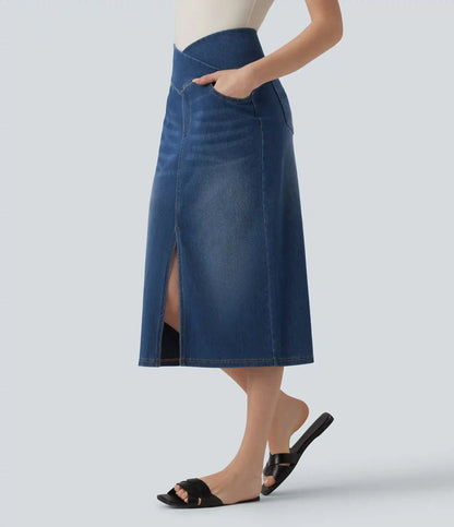 Halara Flex™ Asymmetric High Waisted Tummy Control Split Denim Casual Straight Skirt with Pockets