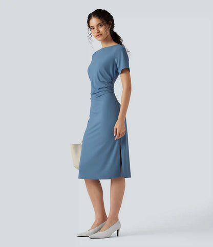 Short Sleeve Ruched Bodycon Midi Work Dress