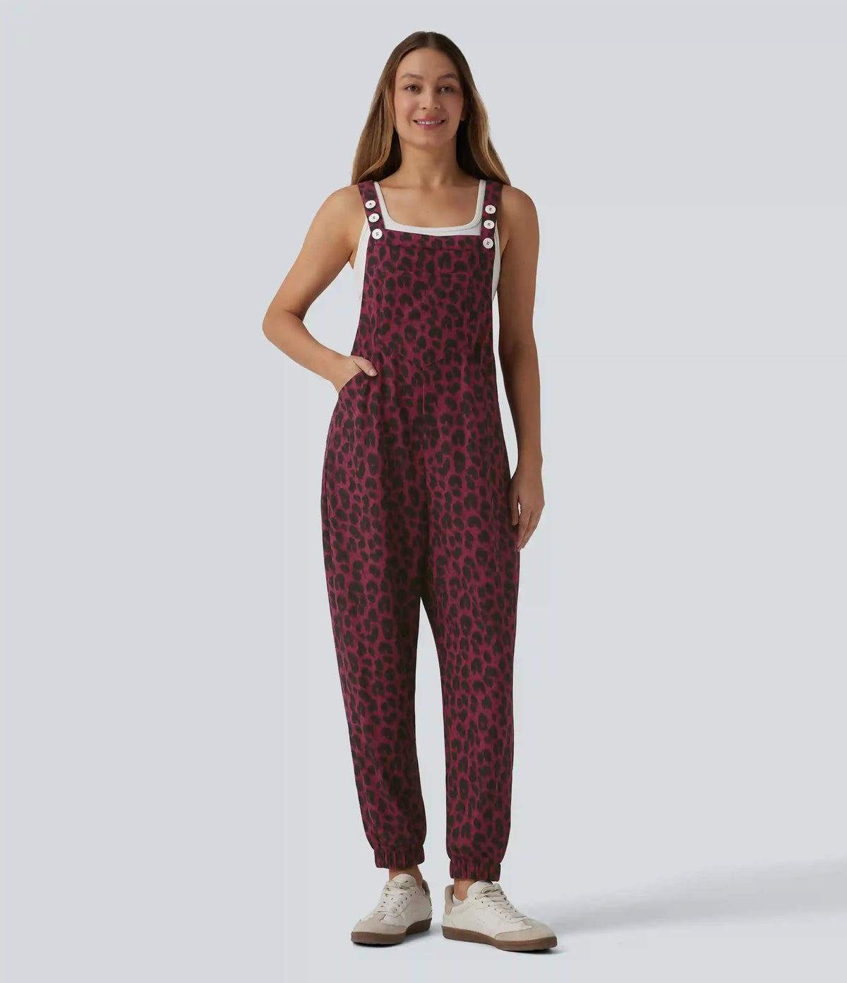 Adjustable Straps Leopard Print Waffle Casual Jogger Overalls with Pockets