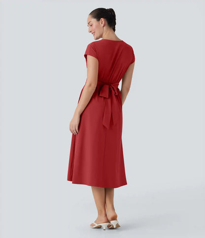 Breezeful™ V Neck Short Sleeve Pocket Tie Back Quick Dry Midi Casual Dress