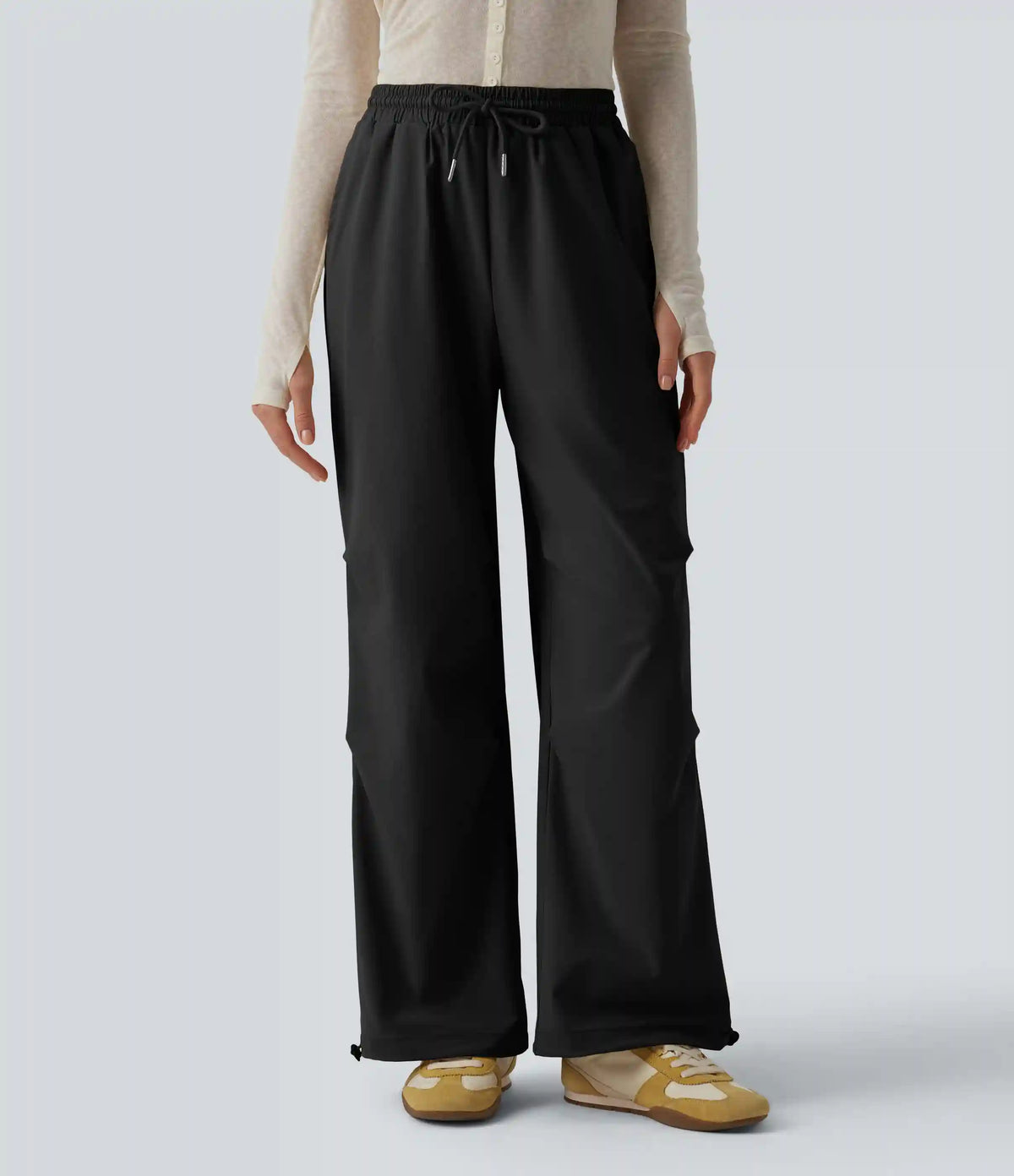 Mid Rise Drawstring Ruched Baggy Stretchy Poplin Casual Parachute Pants with Pockets