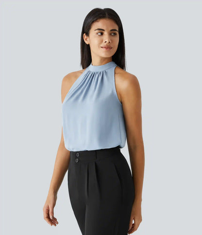 Keyhole Back Halter Sleeveless Curved Hem Work Blouse