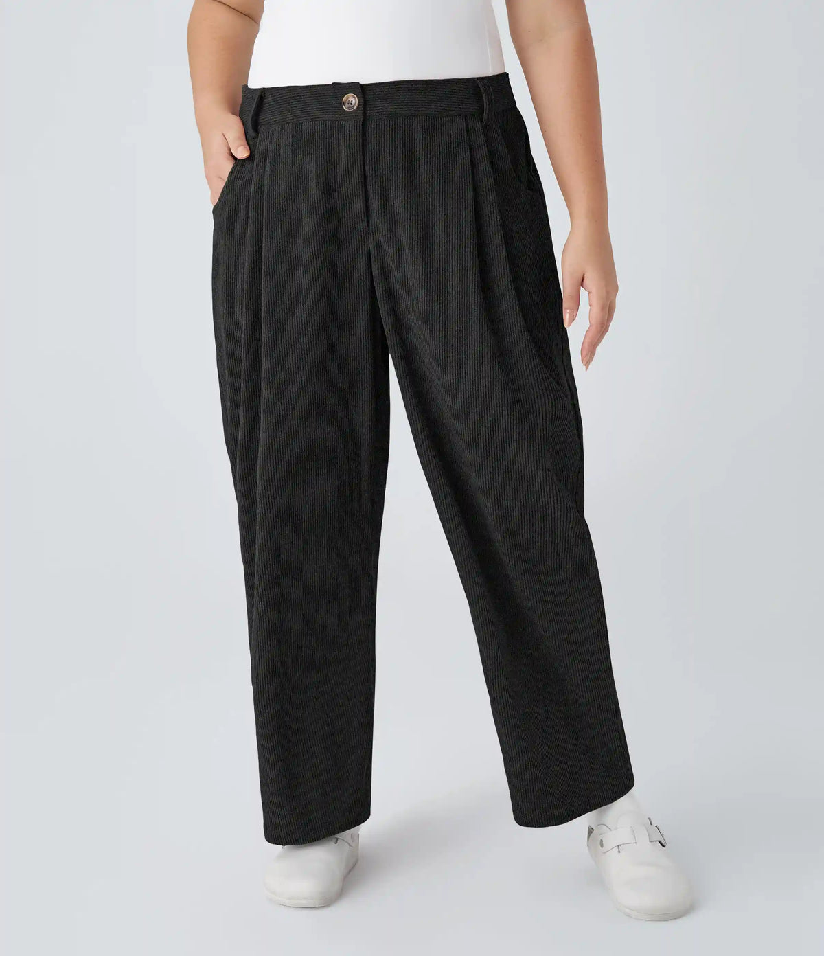 Mid Rise Zipper Pocket Plus Size Corduroy Casual Pants