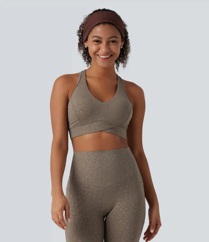 Medium Support V Neck Leopard Built-in Bra Racerback Training Sports Bra