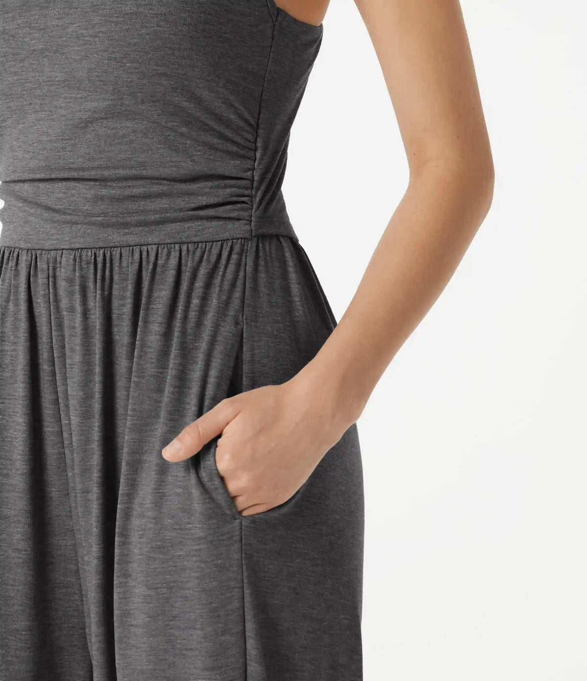 Adjustable Straps Ruched Built-in Bra Heathered Casual Jogger Jumpsuit with Pockets-Easy Peezy