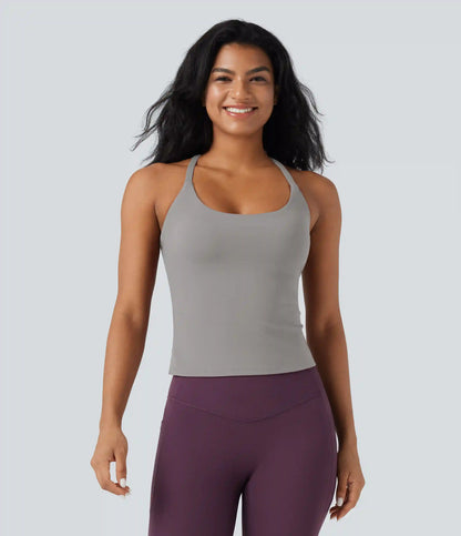 Scoop Neck Crisscross Back Crossover Hem Yoga Cami Top