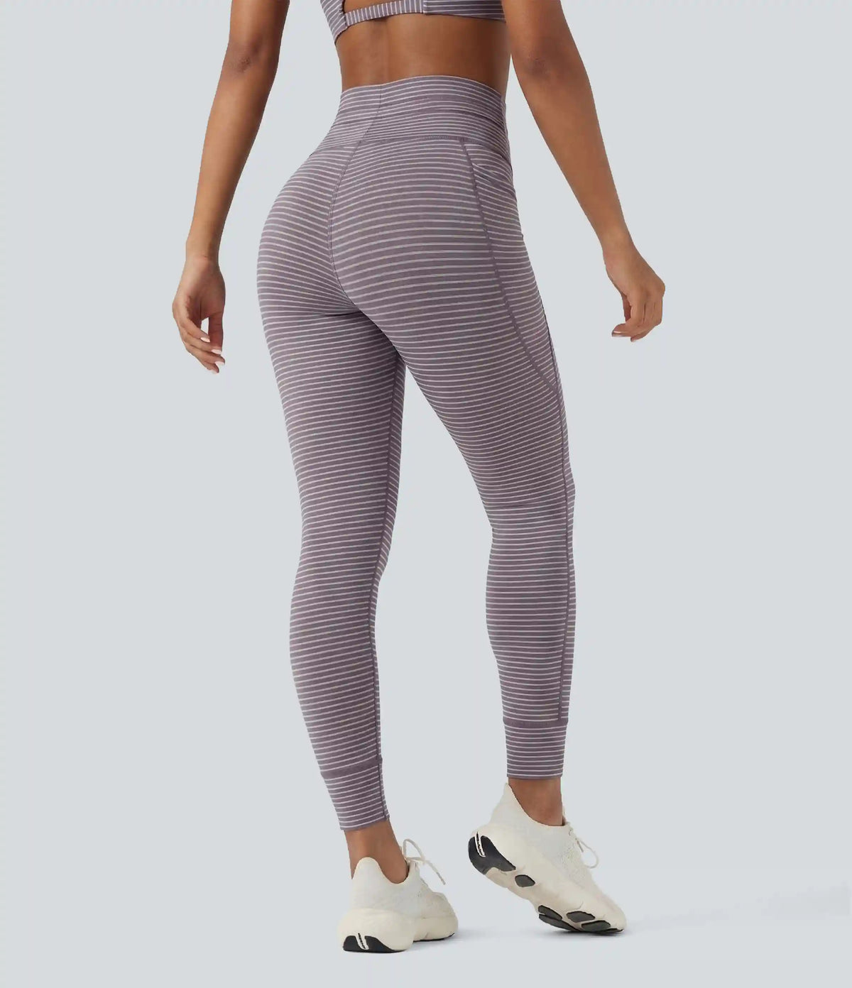 High Waisted Drawstring Striped Yoga Leggings with Pockets