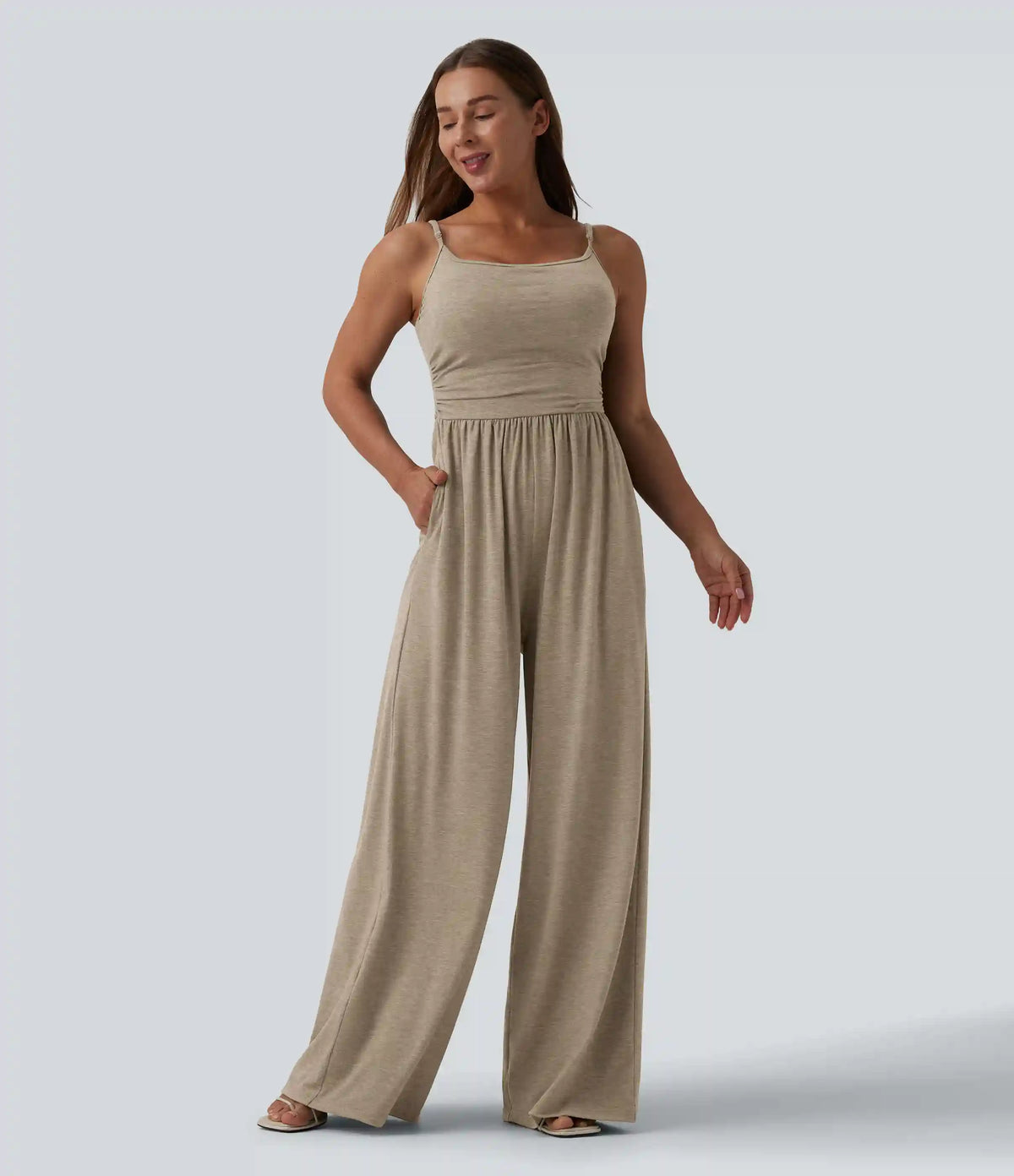Adjustable Straps Ruched Wide Leg Heathered Casual Jumpsuit with Pockets-Easy Peezy