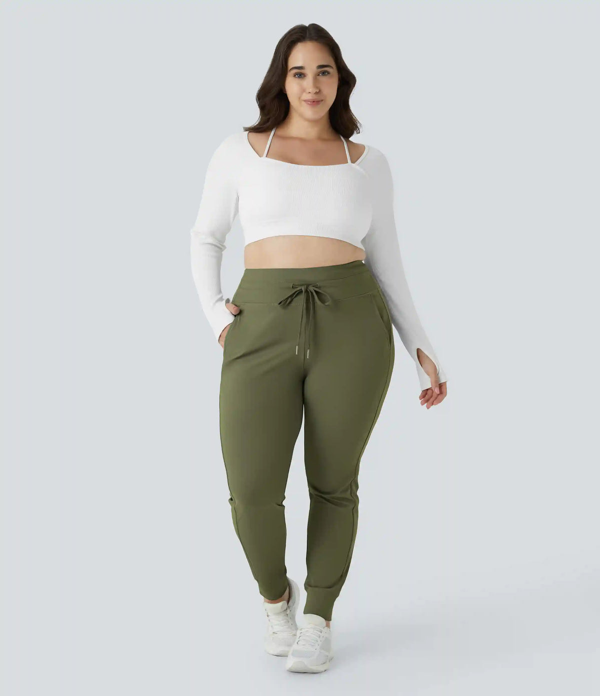 SoftlyZero™ Plush High Waisted Drawstring Pocket Plain Full Length Plus Size Joggers