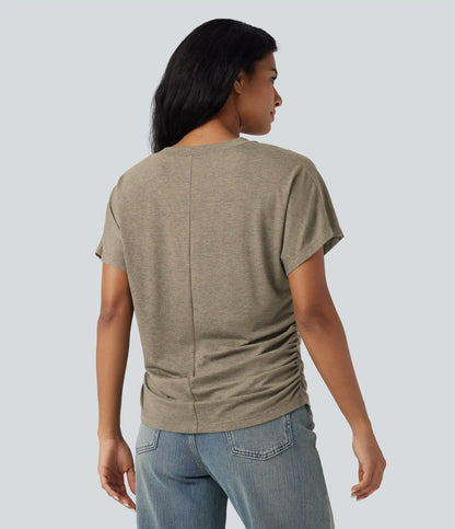 V-neck Short Sleeve Ruched Relaxed Casual Top