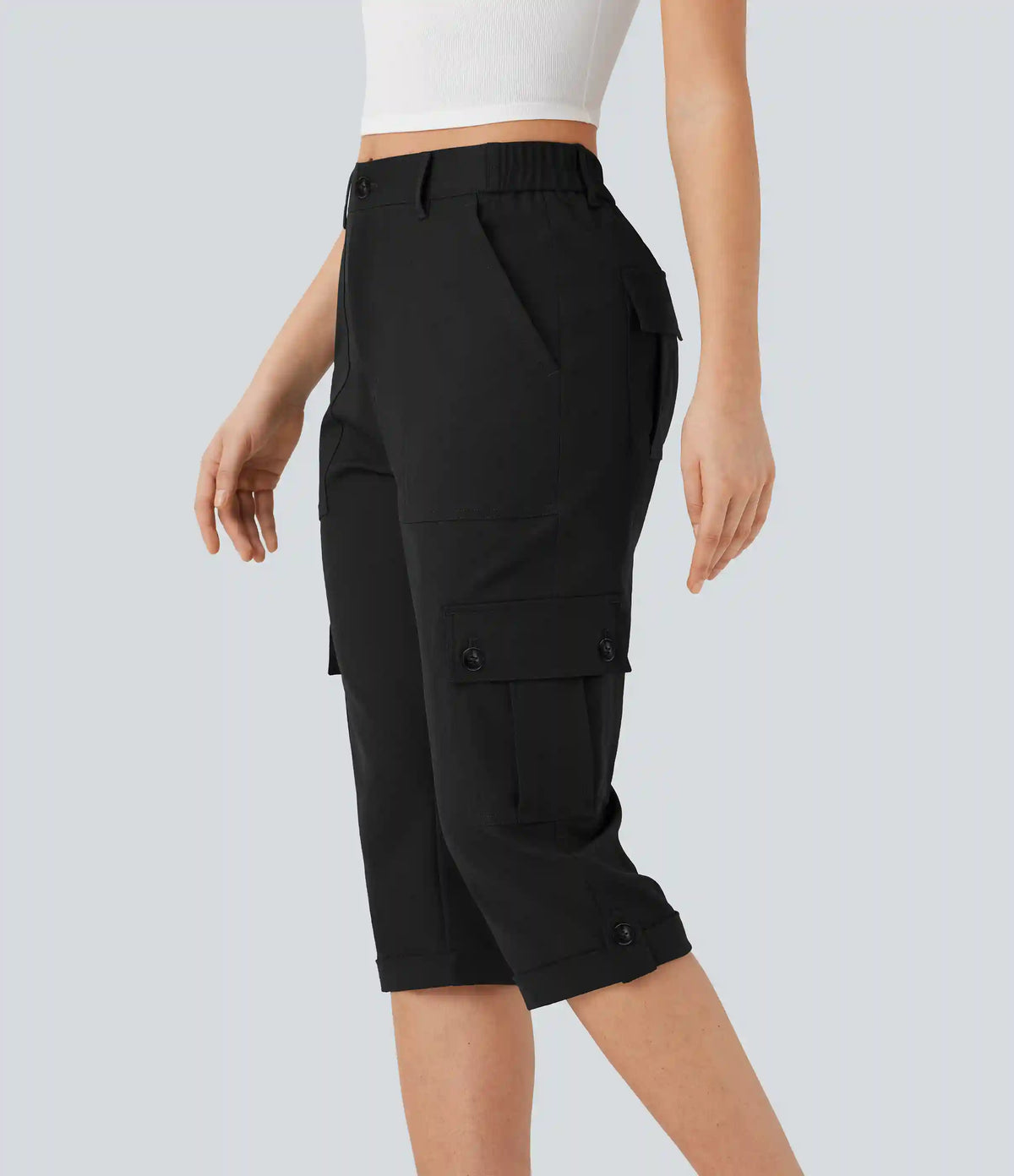 Mid Rise Rolled Hem Casual Cargo Pants with Flap Pockets