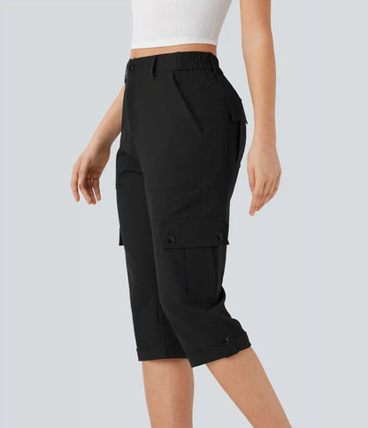 Mid Rise Rolled Hem Casual Cargo Pants with Flap Pockets