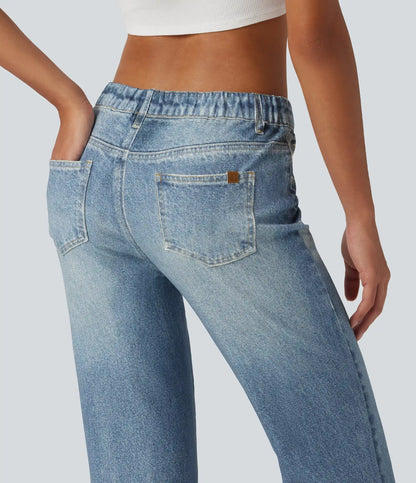 Mid Rise Denim Print Casual Flare Jeans with Pockets