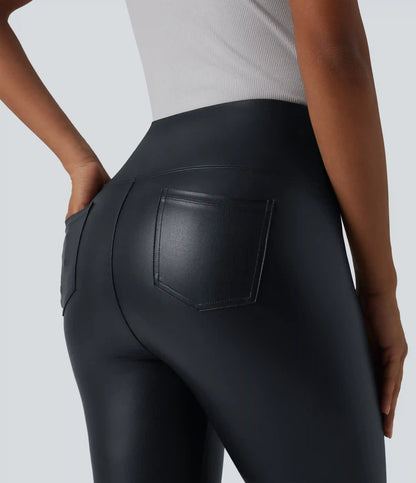 High Waisted Tummy Control Stretchy PU Casual Capri Leggings with Pockets