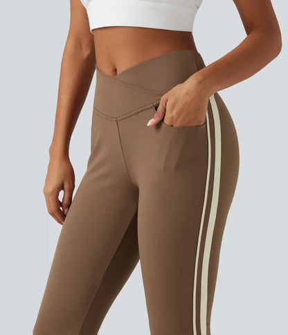 DayStretch High Waisted Crossover Tummy Control Side Stripe Bootcut Casual Pants with Pockets