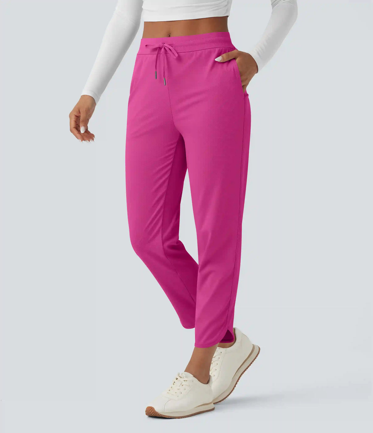 Mid Rise Drawstring Curved Hem Quick Dry Golf Tapered Pants with Pockets-UPF40+