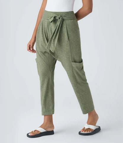 Mid Rise Tie Pockets Casual Harem Pants