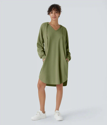 Drawstring Hooded Long Sleeve Pocket High Low Curved Hem Oversize Mini Waffle Casual Sweatshirt Dress