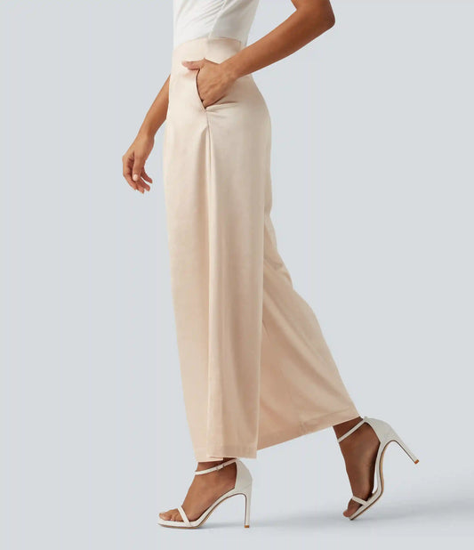 High Waisted Wide Leg Satin Work Pants with Pockets