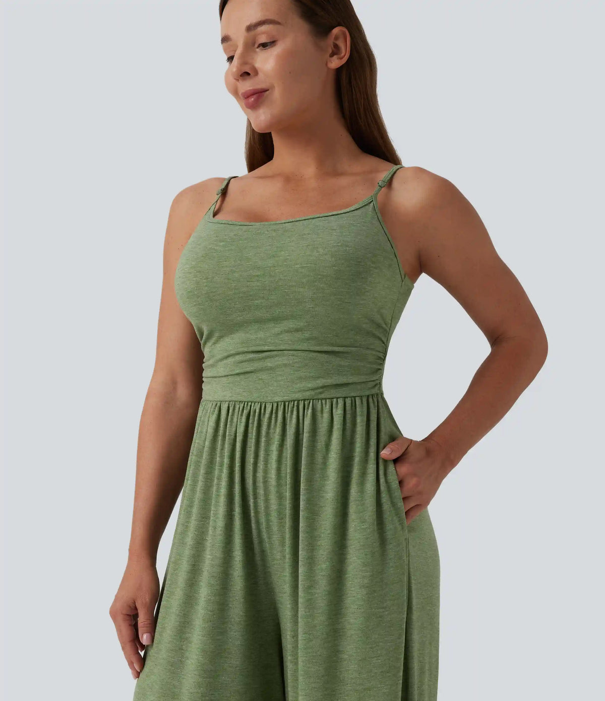 Adjustable Straps Ruched Wide Leg Heathered Casual Jumpsuit with Pockets-Easy Peezy