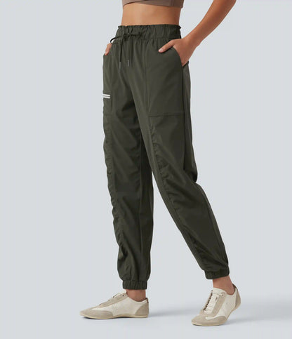 Mid Rise Drawstring Ruched Tapered Quick Dry InstantCool Running Joggers with Pockets-UPF40+
