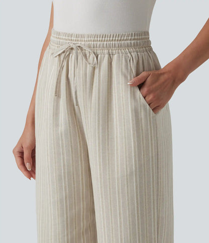 High Waisted Drawstring Stripes Linen Work Baggy Pants with Pockets
