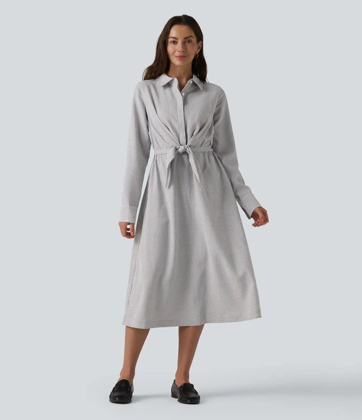 Collar Long Sleeve Tie-front Stripes Midi Work Shirt Dress