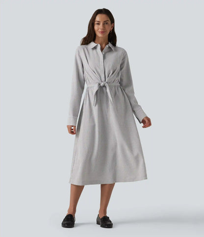 Collar Long Sleeve Tie-front Stripes Midi Work Shirt Dress
