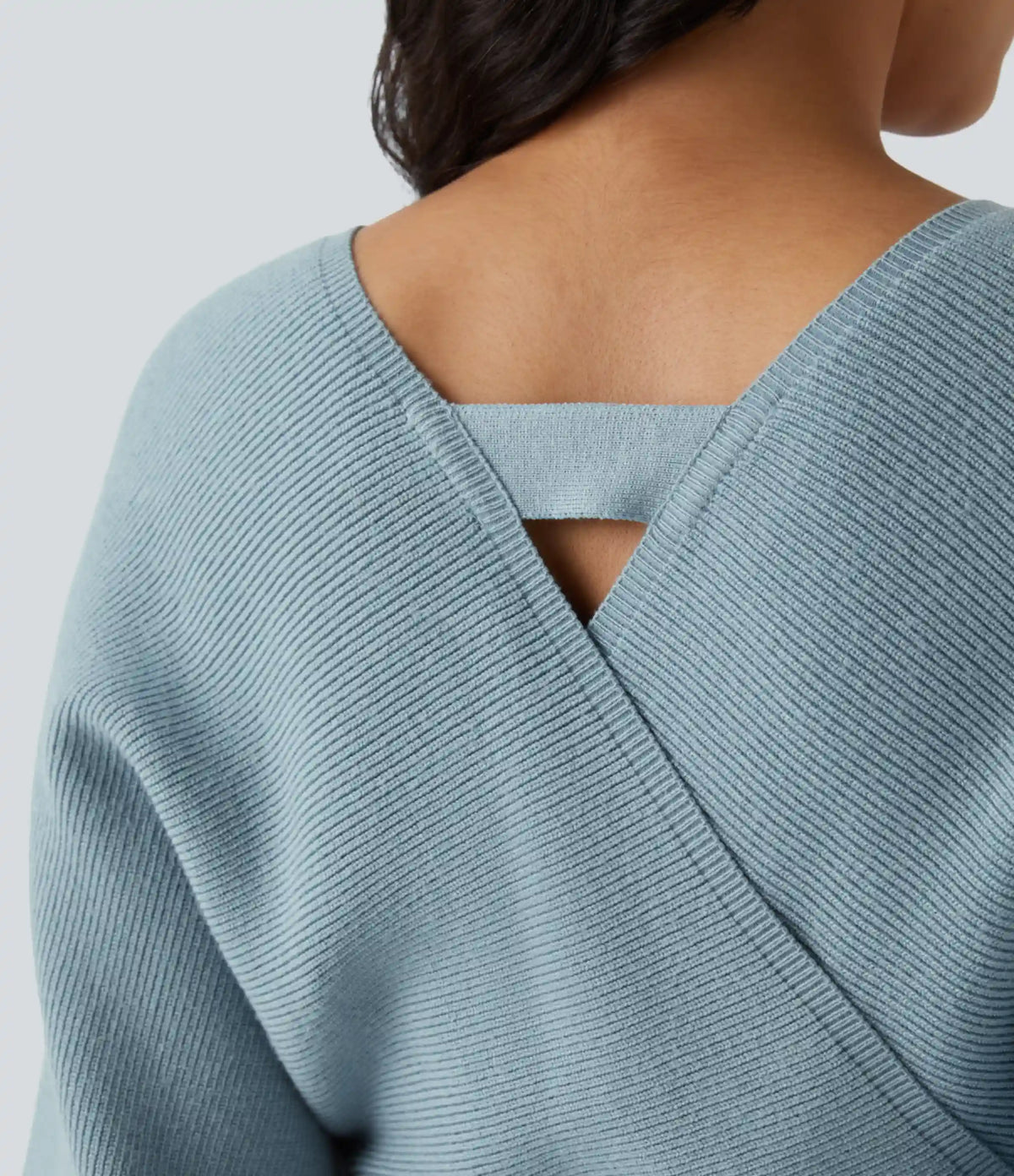 Crossover V Neck Batwing Long Sleeve Belted Mini Casual Sweater Dress