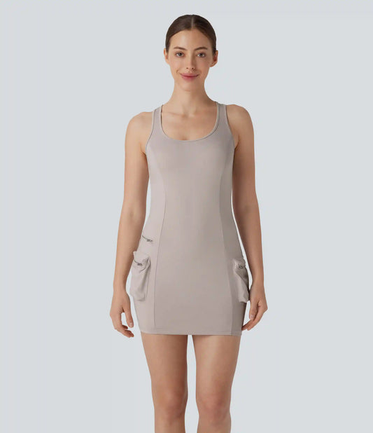Racerback Cargo Zipper Pocket 2 Piece Bodycon Mini Dance Active Dress
