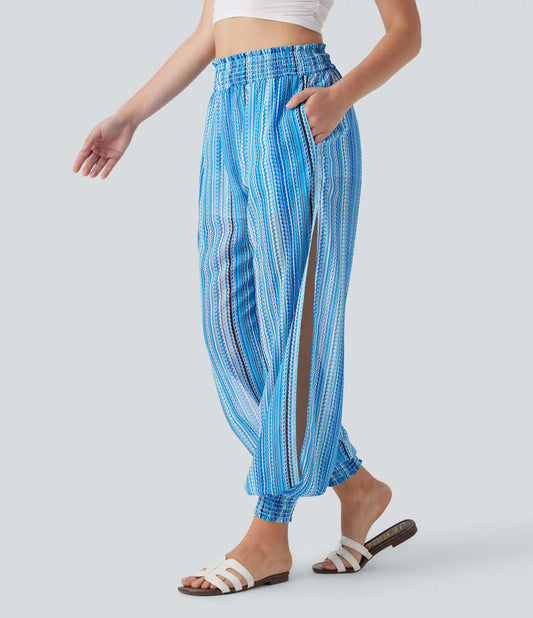 High Waisted Shirred 2-in-1 Stripe Casual Joggers with Pockets
