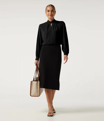 Mock Neck Tie Back Long Sleeve Work Blouse