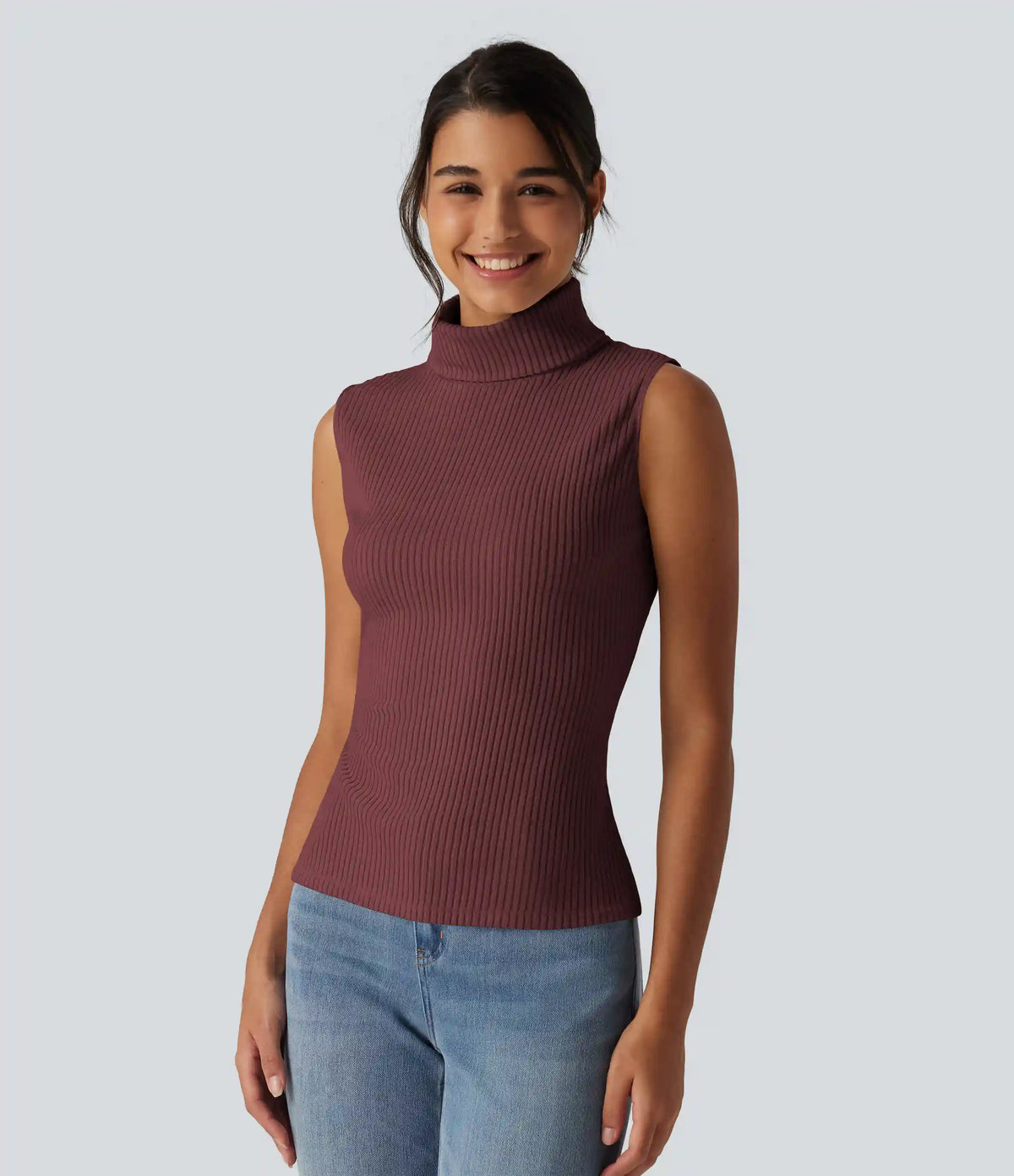 Ribbed Knit High Neck Casual Tank Top