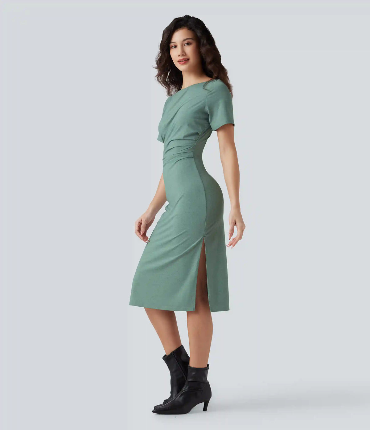Short Sleeve Ruched Bodycon Midi Work Dress