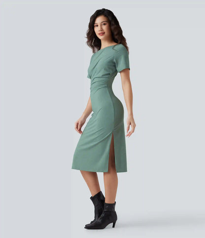 Short Sleeve Ruched Bodycon Midi Work Dress