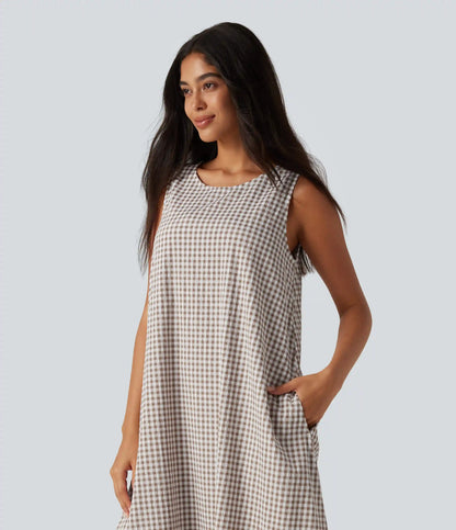 Round Neck Sleeveless Midi Crinkle Gingham Casual Tank Dress with Pockets