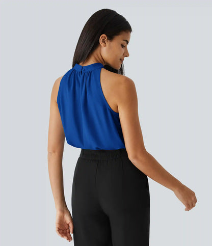 Keyhole Back Halter Sleeveless Curved Hem Work Blouse