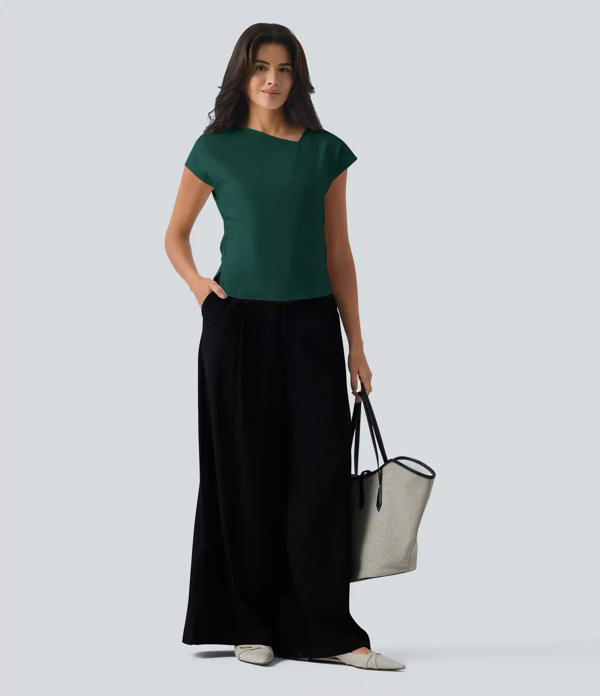Asymmetric Cowl Neck Short Sleeve Ruched Split Hem Work Blouse