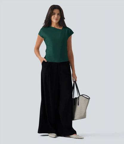 Asymmetric Cowl Neck Short Sleeve Ruched Split Hem Work Blouse