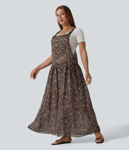 Adjustable Straps Plaid/Leopard Print Maxi Flowy Casual Pinafore Dress with Pockets