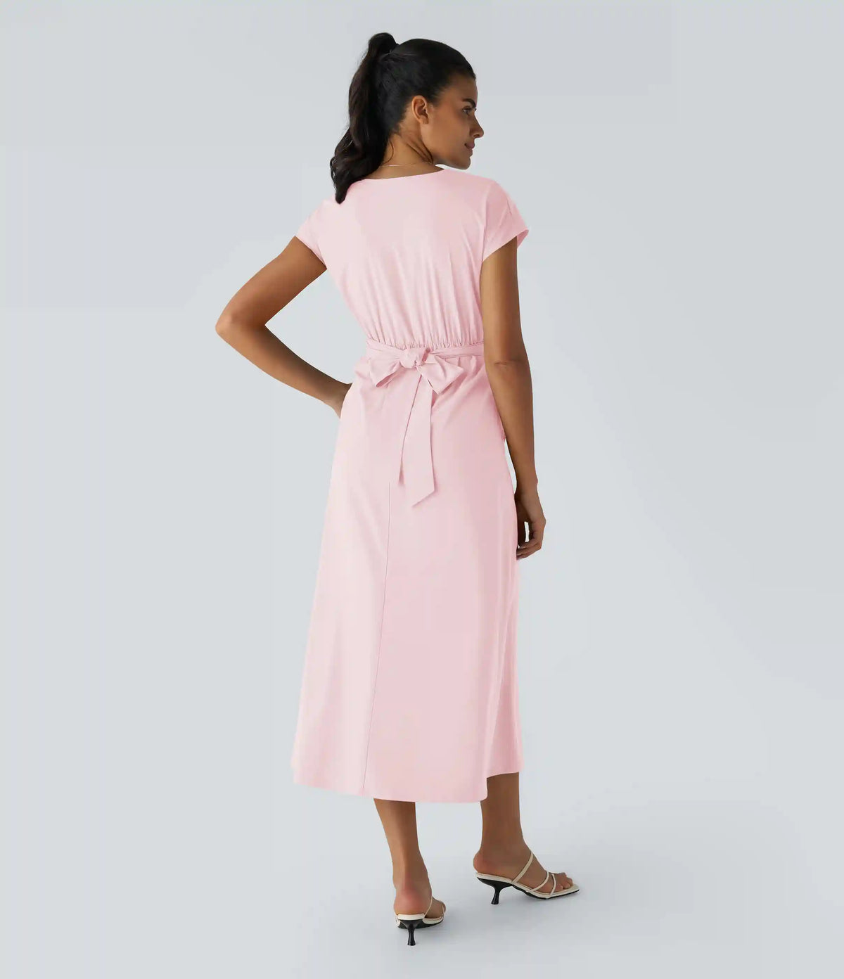 Breezeful™ V Neck Short Sleeve Pocket Tie Back Quick Dry Midi Casual Dress-Longer Length