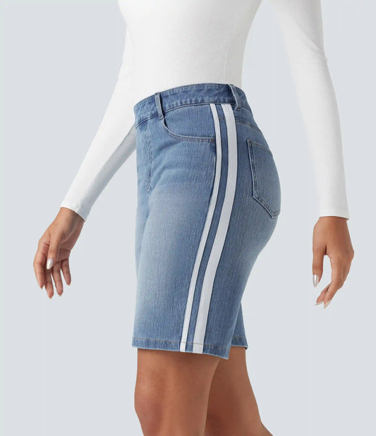 Halara Flex™ High Waisted Stripe Denim Casual Bermuda Shorts with Pockets