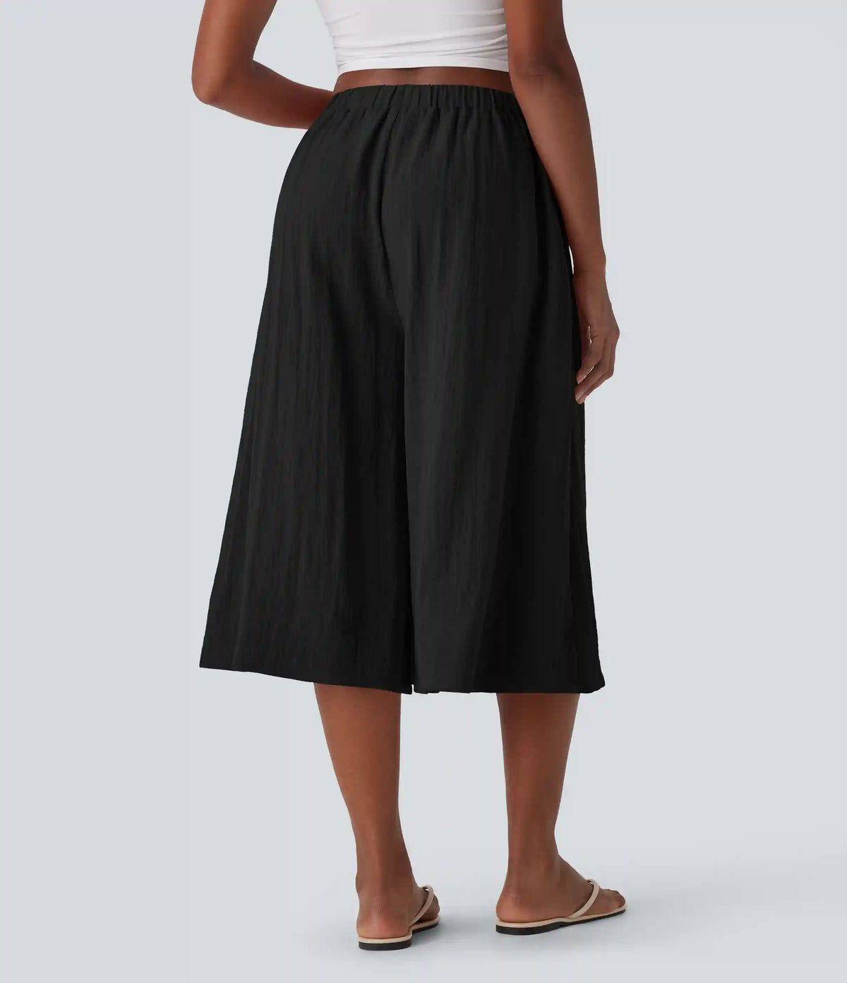 Mid Rise Wide Leg Flowy Linen-Feel Pants with Pocket