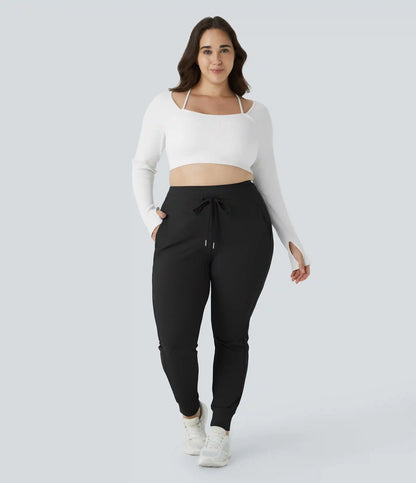 SoftlyZero™ Plush High Waisted Drawstring Pocket Plain Full Length Plus Size Joggers