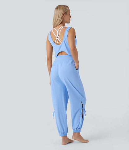 Sleeveless Cut Out Drawstring Pocket InstantCool Yoga Jumpsuit-UPF50+