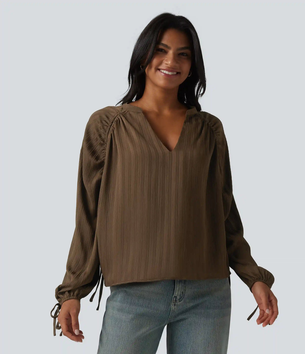 V Neck Bishop Long Sleeve Casual Blouse