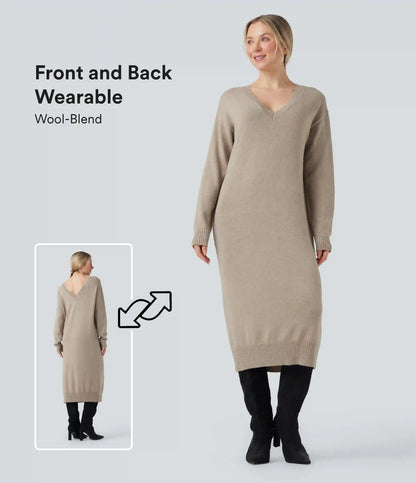 V-neck Long Sleeve Midi Wool-Blend Work Sweater Dress-Front and Back Wearable