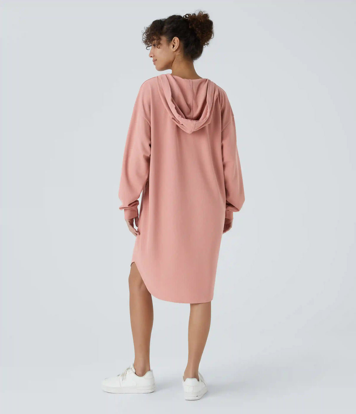 Drawstring Hooded Long Sleeve Pocket High Low Curved Hem Oversize Mini Waffle Casual Sweatshirt Dress