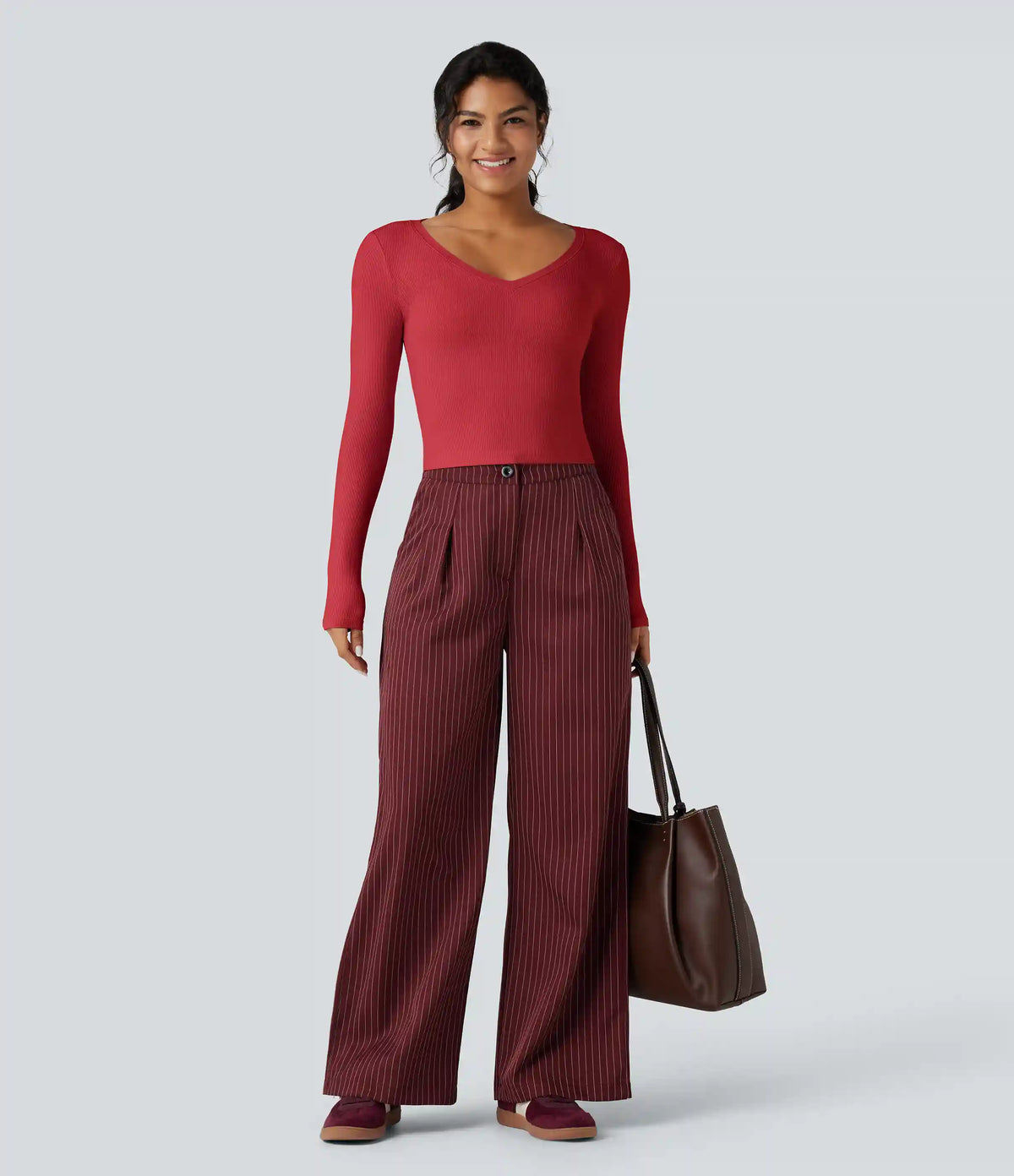 Ribbed Knit V Neck Long Sleeve Cropped Work T-Shirt
