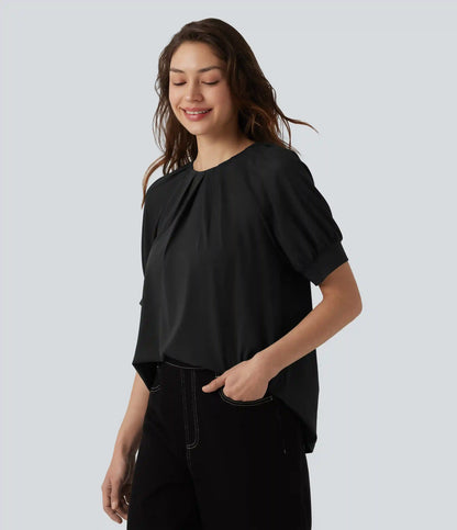 Round Neck Short Sleeve Casual Blouse-Front and Back Wearable